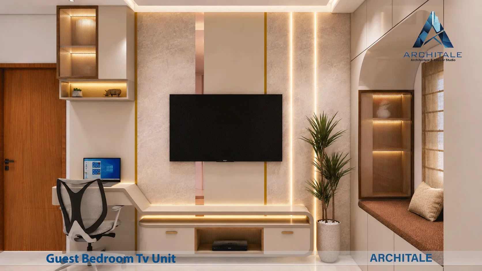 Premium Villa Project — guest bedroom TV unit render, Architale