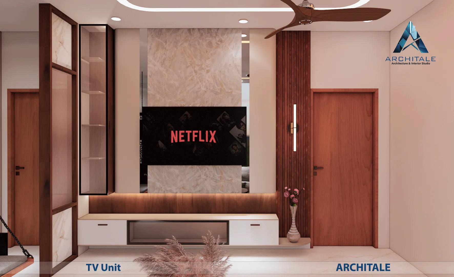 2BHK Interior Project — hall TV unit design render, Architale