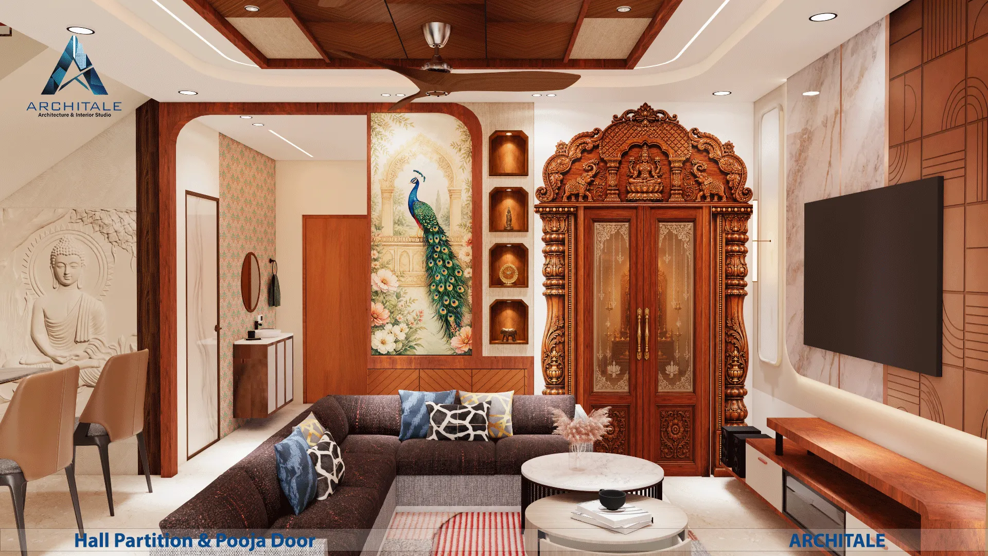Traditional Theme Residence — Hall Partition & Pooja Door
