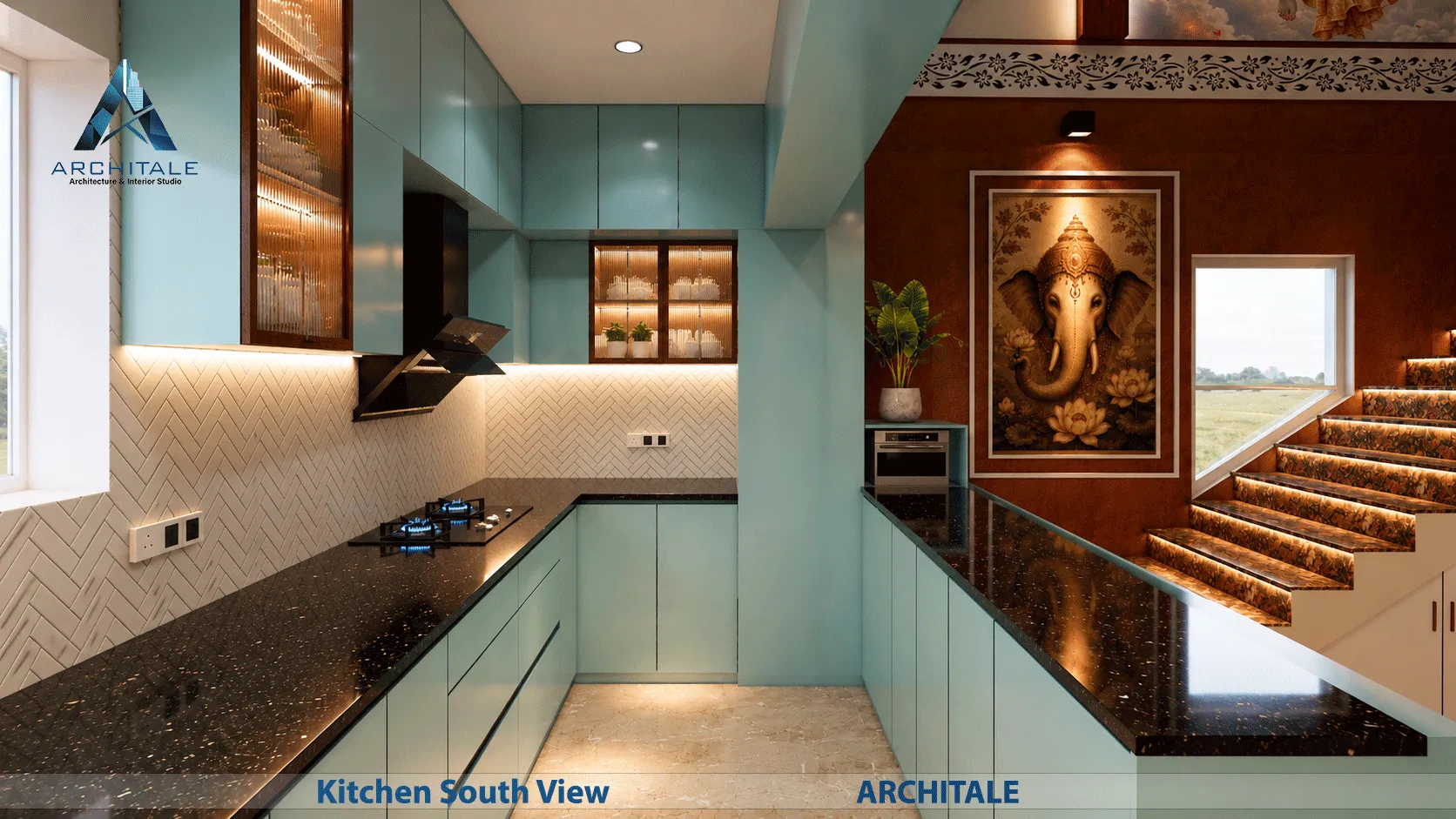 Traditional Theme Residence — kitchen south view render, Architale